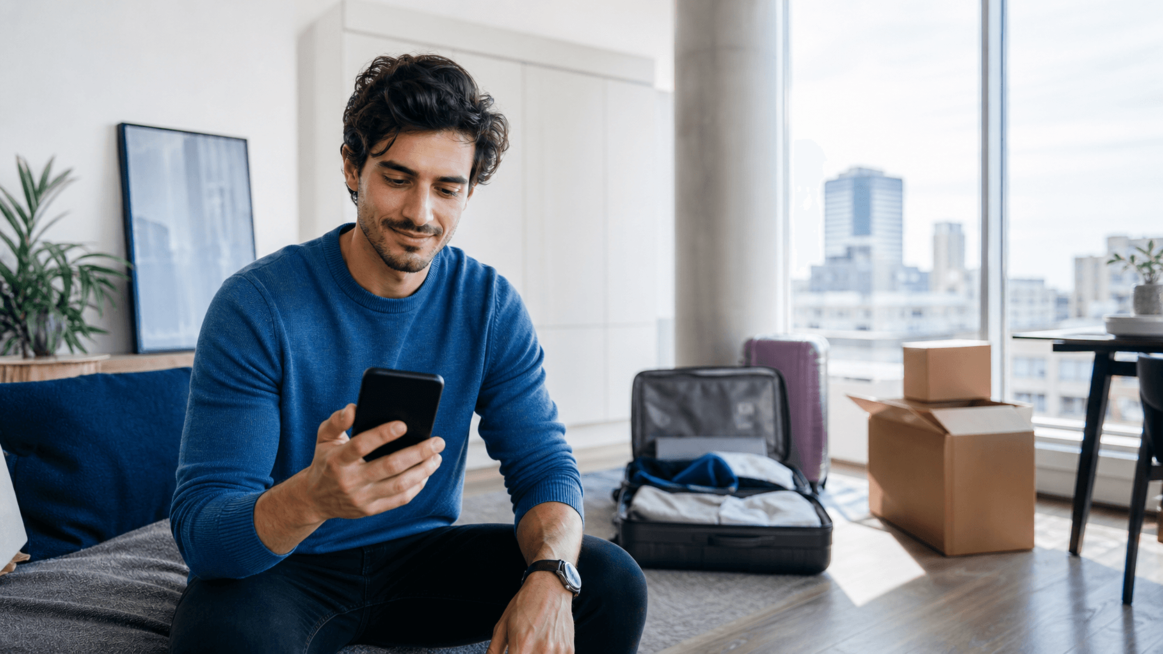 A newly relocated resident checking a rent payment on their phone in a bright apartment